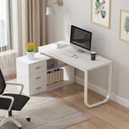 Bureau d'angle en L pour ordinateur de 140 cm avec tiroirs | Chêne / Gris-brun / Marron foncé / Noir / Blanc | 1 personne