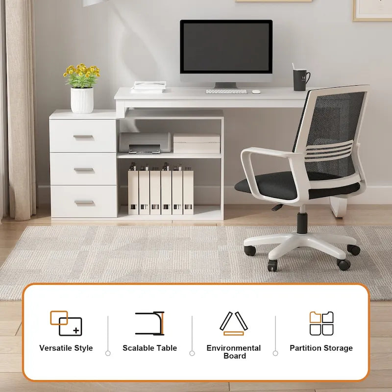 Bureau d'angle en L pour ordinateur de 140 cm avec tiroirs | Chêne / Gris-brun / Marron foncé / Noir / Blanc | 1 personne