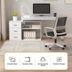 Bureau d'angle en L pour ordinateur de 140 cm avec tiroirs | Chêne / Gris-brun / Marron foncé / Noir / Blanc | 1 personne