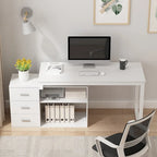 Bureau d'angle en L pour ordinateur de 140 cm avec tiroirs | Chêne / Gris-brun / Marron foncé / Noir / Blanc | 1 personne