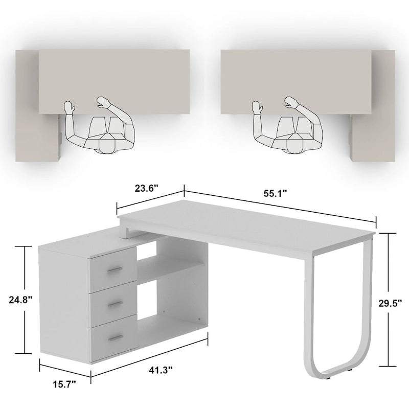 Bureau d'angle en L pour ordinateur de 140 cm avec tiroirs | Chêne / Gris-brun / Marron foncé / Noir / Blanc | 1 personne