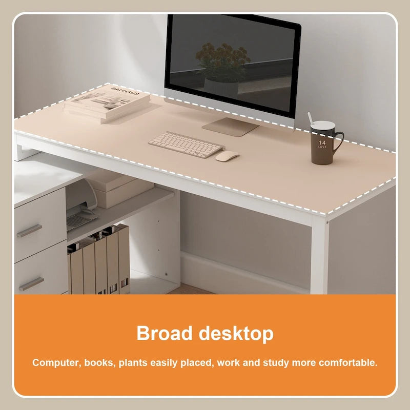 Bureau d'angle en L pour ordinateur de 140 cm avec tiroirs | Chêne / Gris-brun / Marron foncé / Noir / Blanc | 1 personne