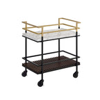 Chariot de service à 2 étagères en faux marbre blanc et noyer, structure noire/dorée