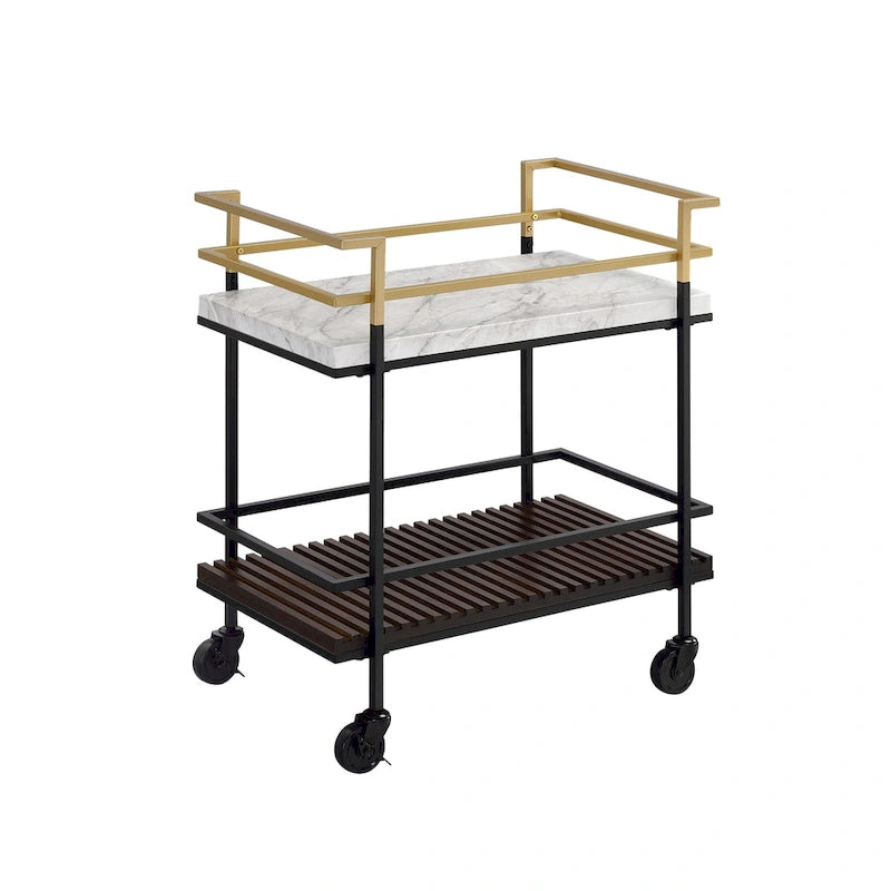 Chariot de service à 2 étagères en faux marbre blanc et noyer, structure noire/dorée