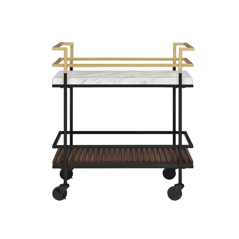 Chariot de service à 2 étagères en faux marbre blanc et noyer, structure noire/dorée