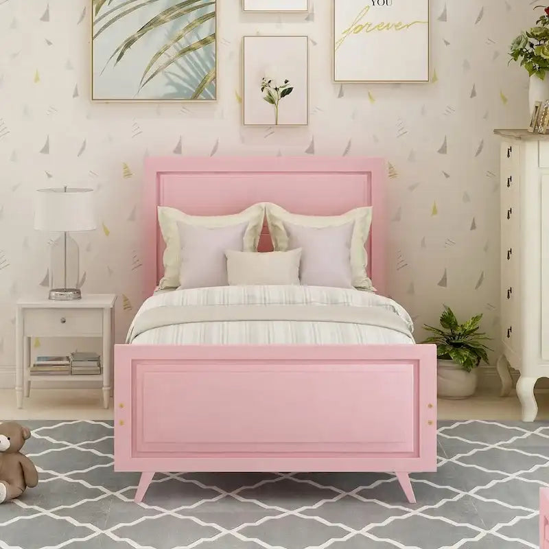 Lit plateforme jumeau rose avec tête de lit, cadre en bois, 1 personne