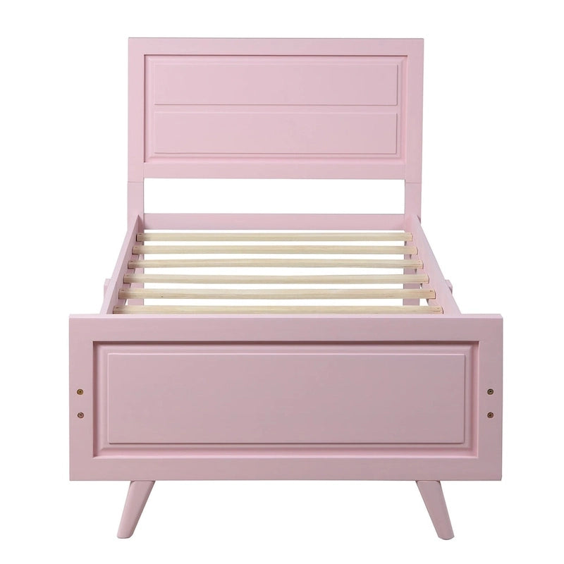 Lit plateforme jumeau rose avec tête de lit, cadre en bois, 1 personne