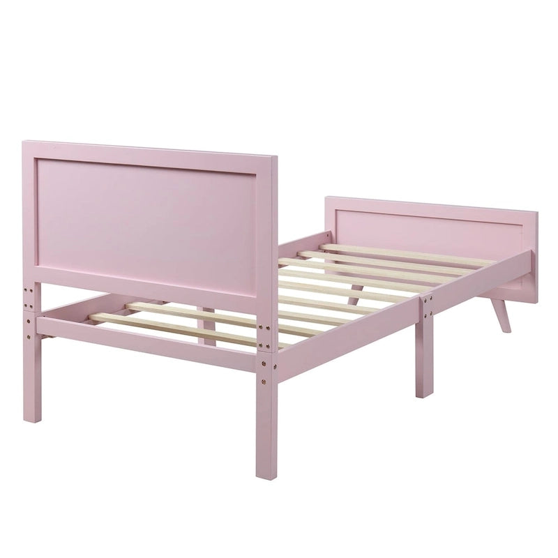 Lit plateforme jumeau rose avec tête de lit, cadre en bois, 1 personne