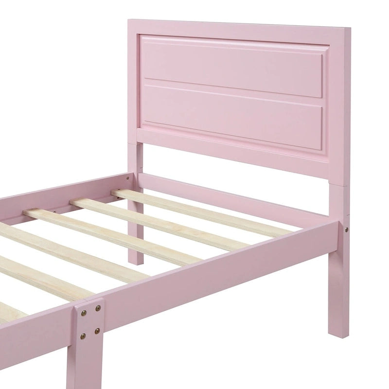 Lit plateforme jumeau rose avec tête de lit, cadre en bois, 1 personne
