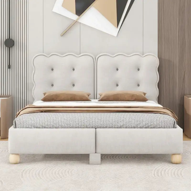 Lit Queen rembourré capitonné beige pour 2 personnes