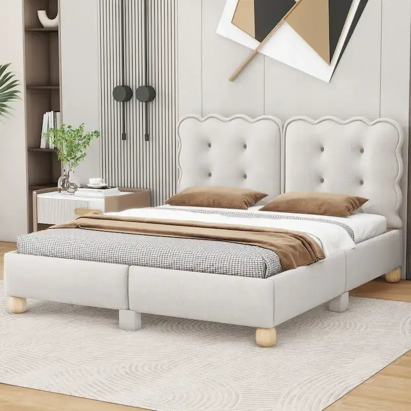 Lit Queen rembourré capitonné beige pour 2 personnes