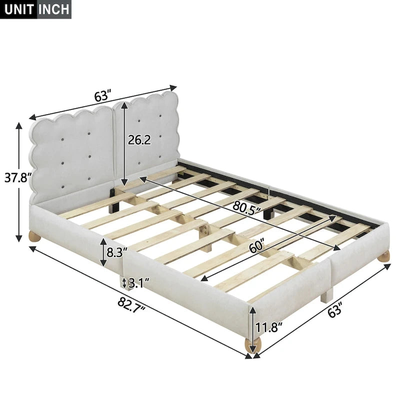 Lit Queen rembourré capitonné beige pour 2 personnes