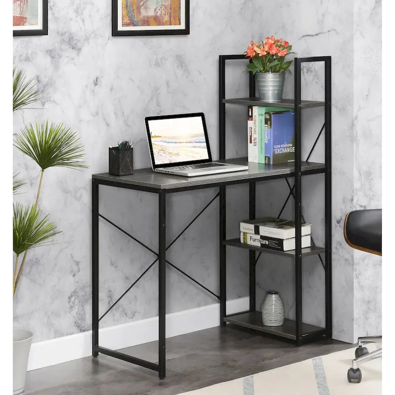 Bureau à étagères 4 niveaux, chêne clair/blanc/bois grange/gris anthracite, 1 personne