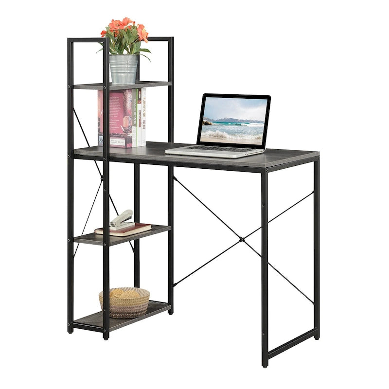 Bureau à étagères 4 niveaux, chêne clair/blanc/bois grange/gris anthracite, 1 personne