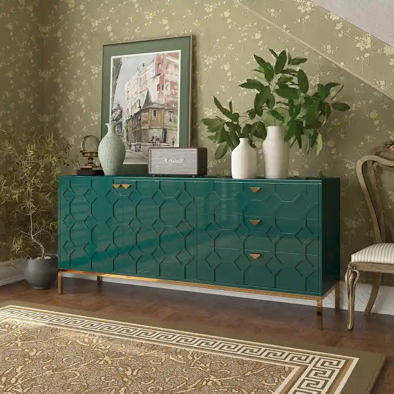 Meuble d'appoint 2 portes, 3 tiroirs motif nid d'abeille bleu / noir / blanc / vert