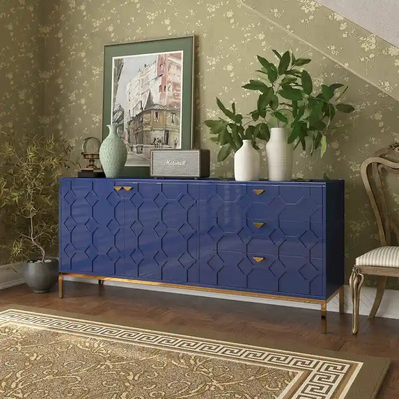 Meuble d'appoint 2 portes, 3 tiroirs motif nid d'abeille bleu / noir / blanc / vert
