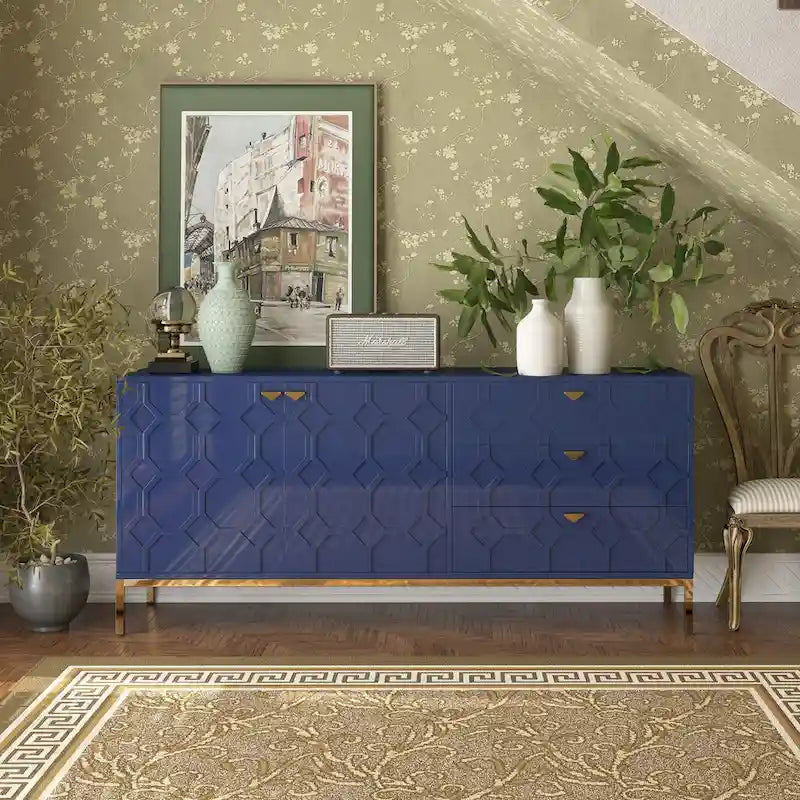 Meuble d'appoint 2 portes, 3 tiroirs motif nid d'abeille bleu / noir / blanc / vert