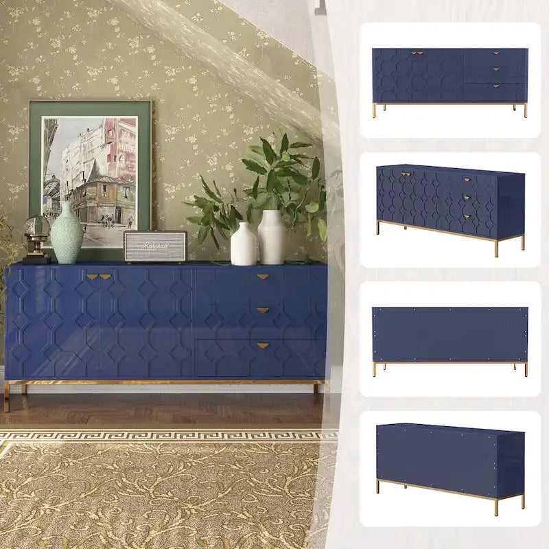 Meuble d'appoint 2 portes, 3 tiroirs motif nid d'abeille bleu / noir / blanc / vert