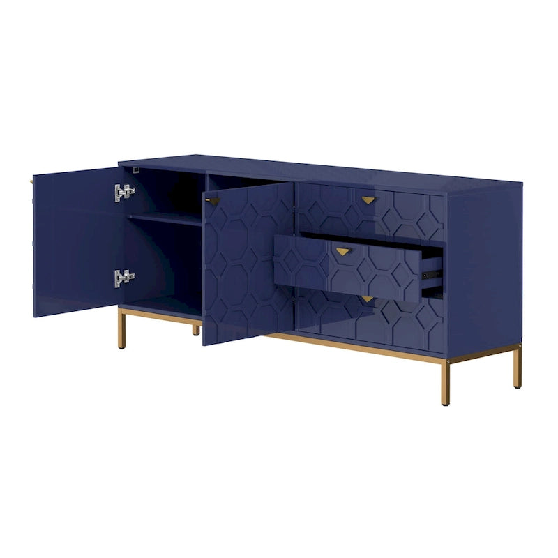 Meuble d'appoint 2 portes, 3 tiroirs motif nid d'abeille bleu / noir / blanc / vert