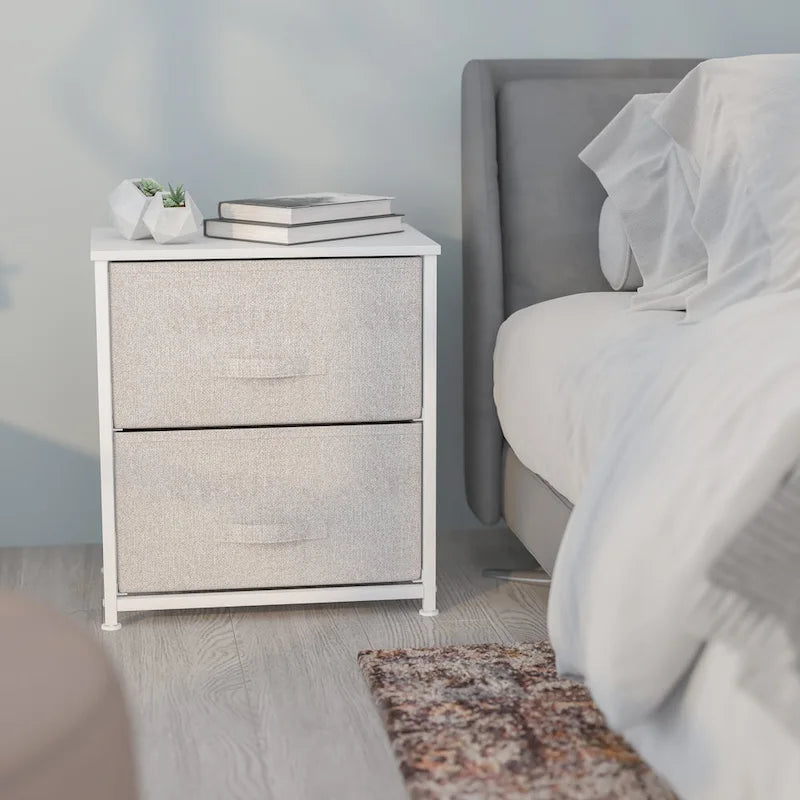 Meuble de rangement 2 tiroirs en tissu noir/gris et blanc/gris, montage par 1 personne