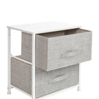 Meuble de rangement 2 tiroirs en tissu noir/gris et blanc/gris, montage par 1 personne