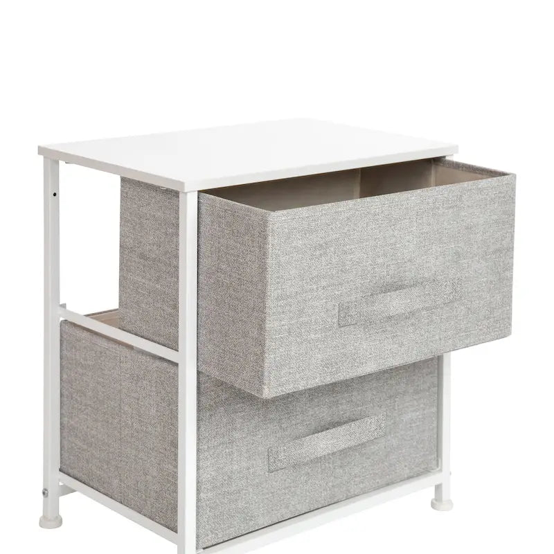 Meuble de rangement 2 tiroirs en tissu noir/gris et blanc/gris, montage par 1 personne
