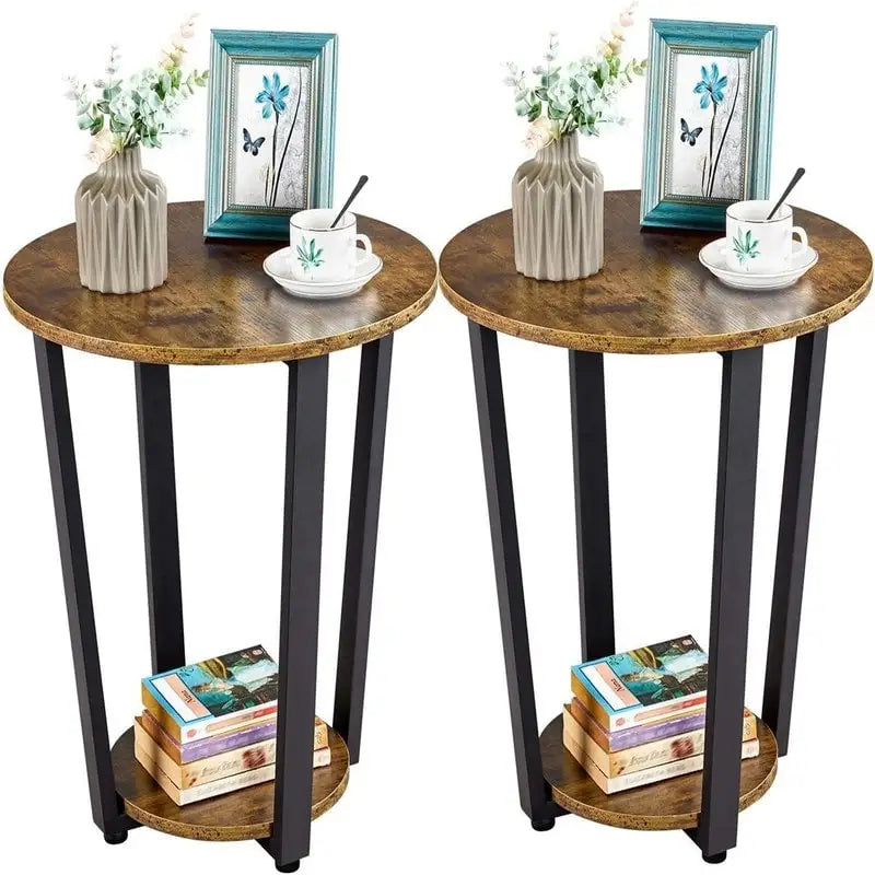 Table d'appoint ronde marron rustique, plateau en bois et cadre en acier, lot de 2, pour 2 personnes