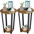 Table d'appoint ronde marron rustique, plateau en bois et cadre en acier, lot de 2, pour 2 personnes