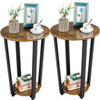 Table d'appoint ronde marron rustique, plateau en bois et cadre en acier, lot de 2, pour 2 personnes