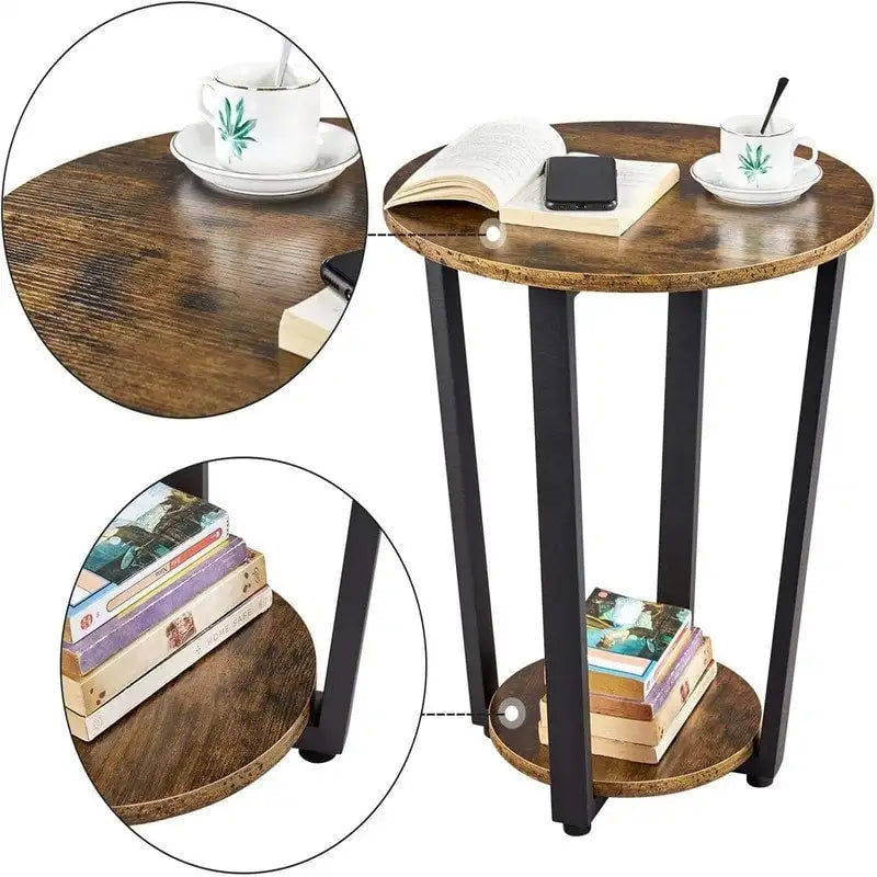Table d'appoint ronde marron rustique, plateau en bois et cadre en acier, lot de 2, pour 2 personnes
