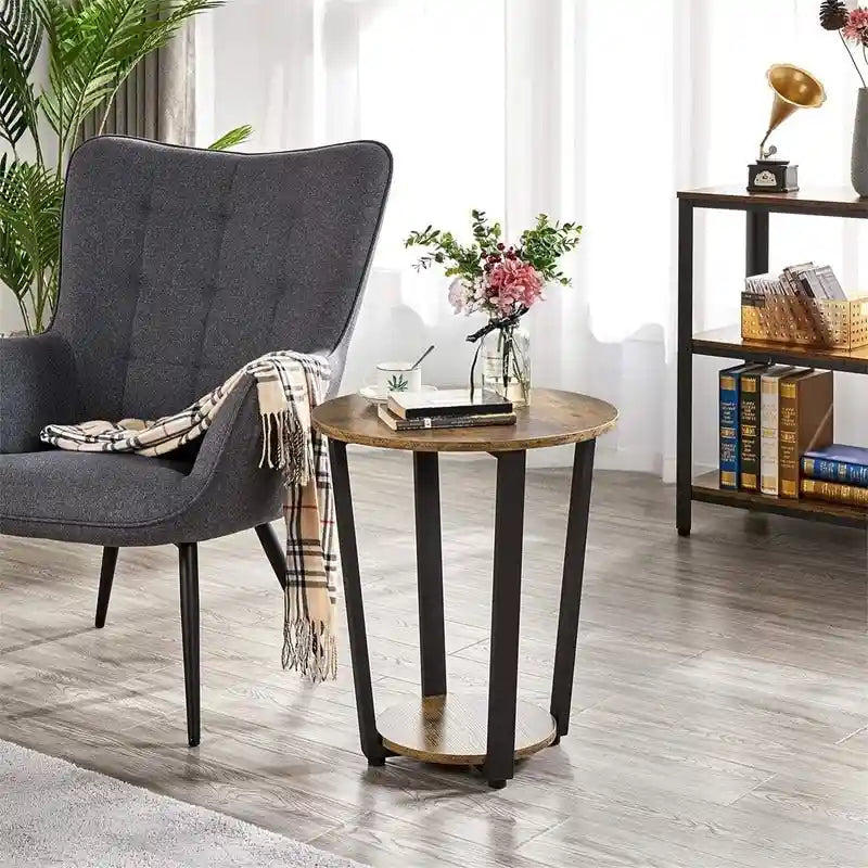 Table d'appoint ronde marron rustique, plateau en bois et cadre en acier, lot de 2, pour 2 personnes