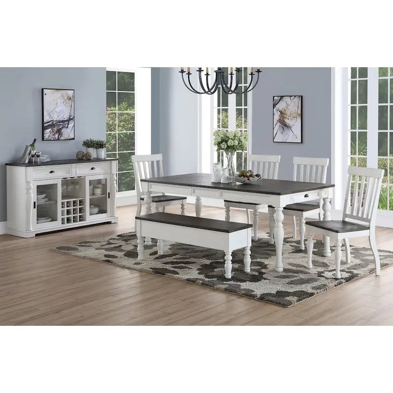 Table à manger rectangulaire de style « ferme » bicolore blanc doux et chêne foncé – 6 places