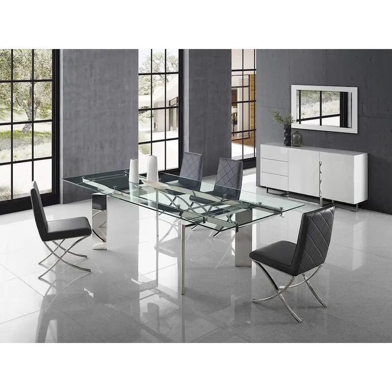 Table à Manger Extensible en Verre Transparent Chromé Argenté, 6-8 Places