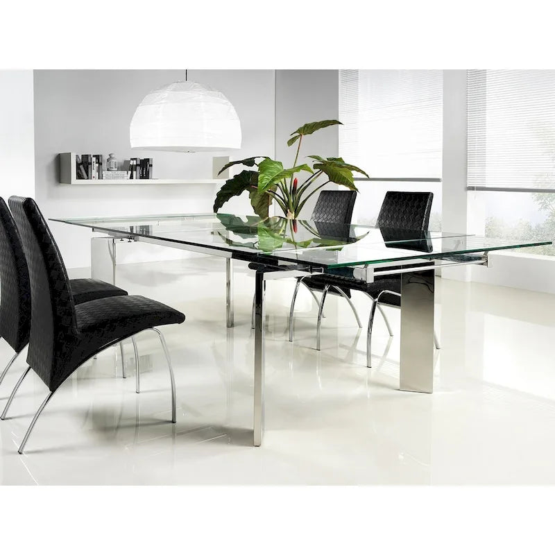 Table à Manger Extensible en Verre Transparent Chromé Argenté, 6-8 Places