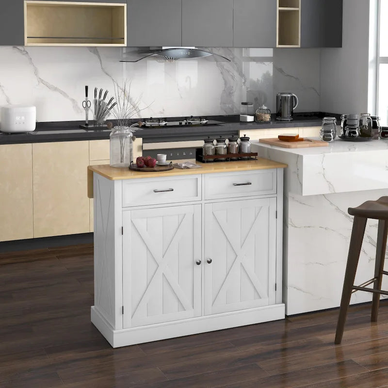 Desserte de cuisine blanche portative sur roulettes avec plateau en bois abattant, 2 tiroirs