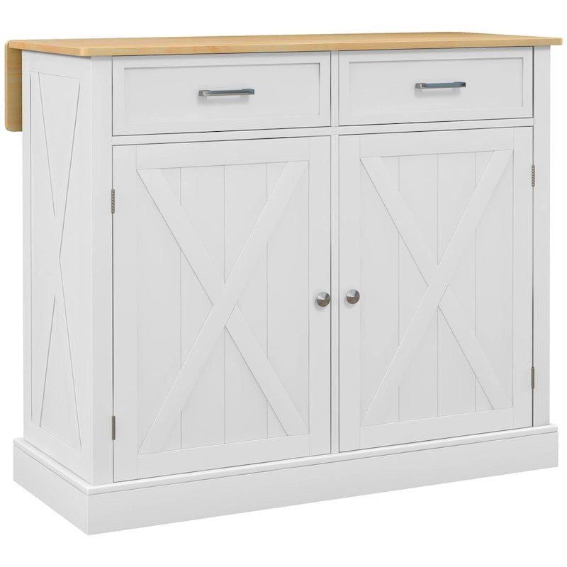 Desserte de cuisine blanche portative sur roulettes avec plateau en bois abattant, 2 tiroirs