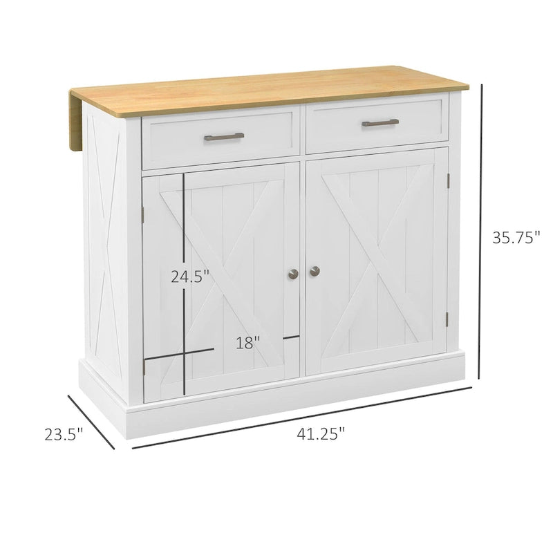 Desserte de cuisine blanche portative sur roulettes avec plateau en bois abattant, 2 tiroirs