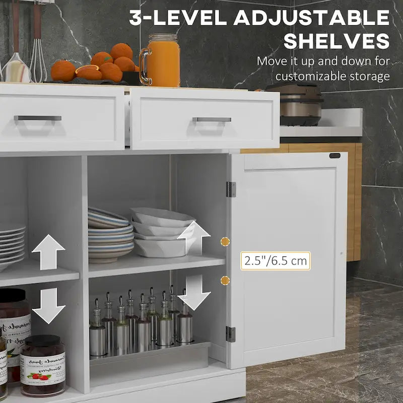 Desserte de cuisine blanche portative sur roulettes avec plateau en bois abattant, 2 tiroirs