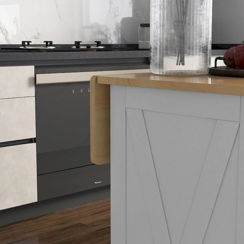 Desserte de cuisine blanche portative sur roulettes avec plateau en bois abattant, 2 tiroirs