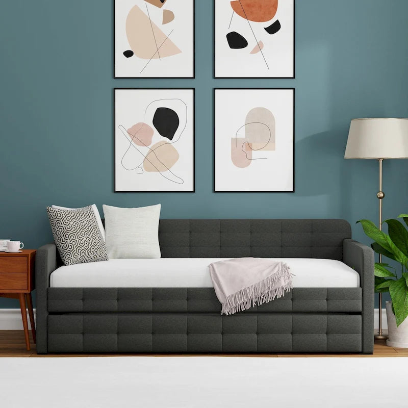 Lit de repos double capitonné beige / pierre / gris avec lit gigogne pour 2 personnes