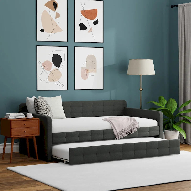 Lit de repos double capitonné beige / pierre / gris avec lit gigogne pour 2 personnes