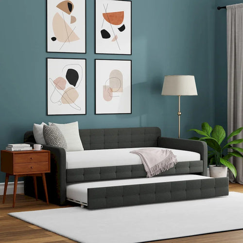 Lit de repos double capitonné beige / pierre / gris avec lit gigogne pour 2 personnes