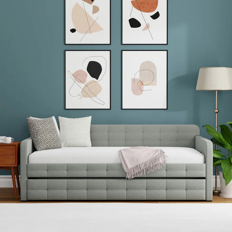 Lit de repos double capitonné beige / pierre / gris avec lit gigogne pour 2 personnes