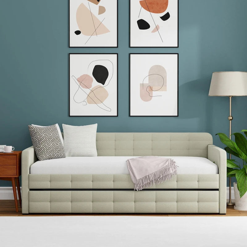 Lit de repos double capitonné beige / pierre / gris avec lit gigogne pour 2 personnes