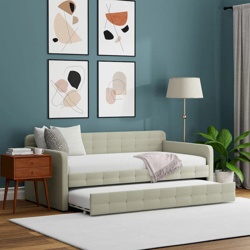 Lit de repos double capitonné beige / pierre / gris avec lit gigogne pour 2 personnes