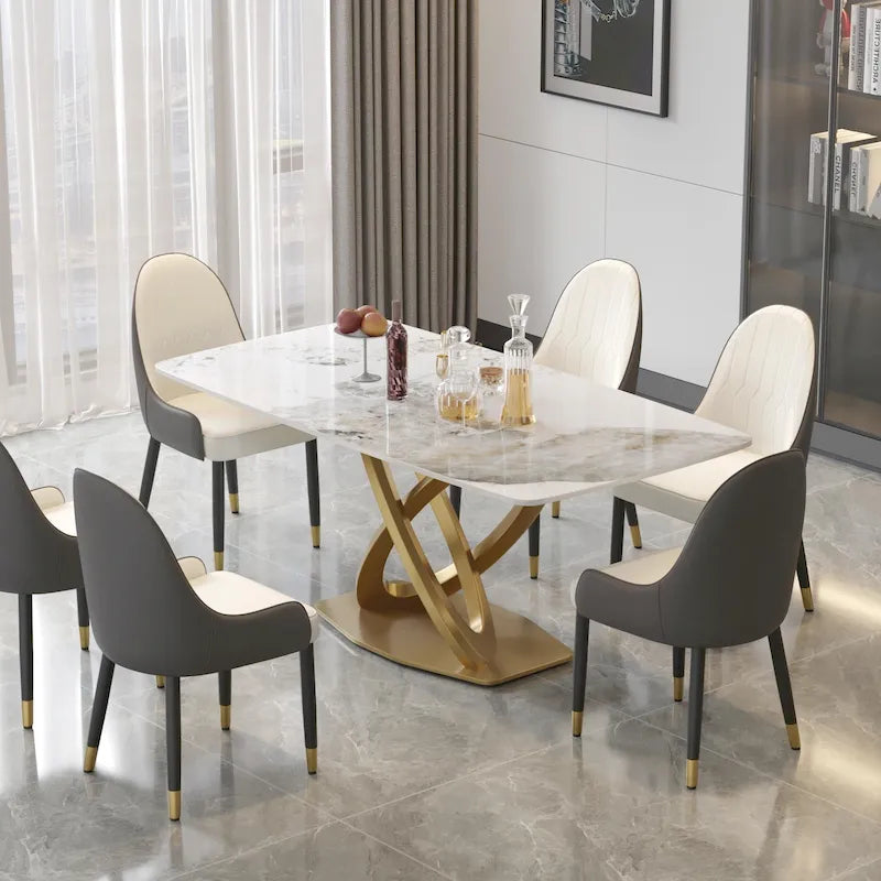 Table à manger rectangulaire en pierre frittée de 71", base dorée, Pandora/Noir/Blanc, 6 à 8 places