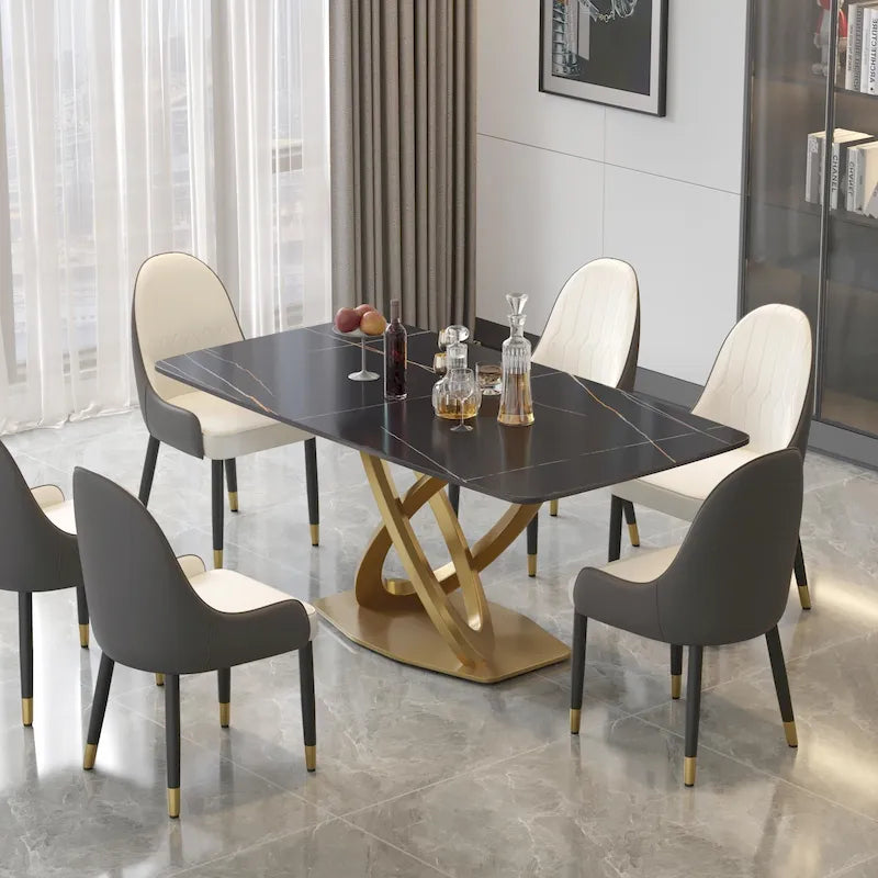 Table à manger rectangulaire en pierre frittée de 71", base dorée, Pandora/Noir/Blanc, 6 à 8 places