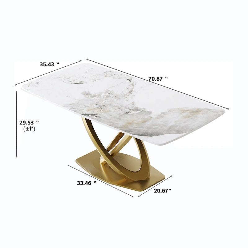 Table à manger rectangulaire en pierre frittée de 71", base dorée, Pandora/Noir/Blanc, 6 à 8 places