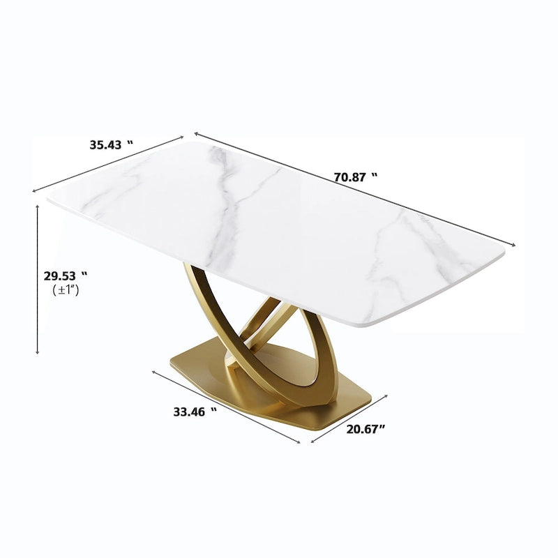 Table à manger rectangulaire en pierre frittée de 71", base dorée, Pandora/Noir/Blanc, 6 à 8 places