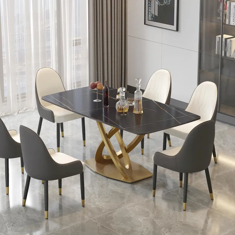 Table à manger rectangulaire en pierre frittée de 71", base dorée, Pandora/Noir/Blanc, 6 à 8 places